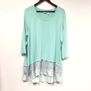 LOGO Lori Goldstein Mint Green Knit Lace Top Satin